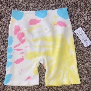 High waisted tie dye ribbed seamless biker shorts in sunny day swirl
